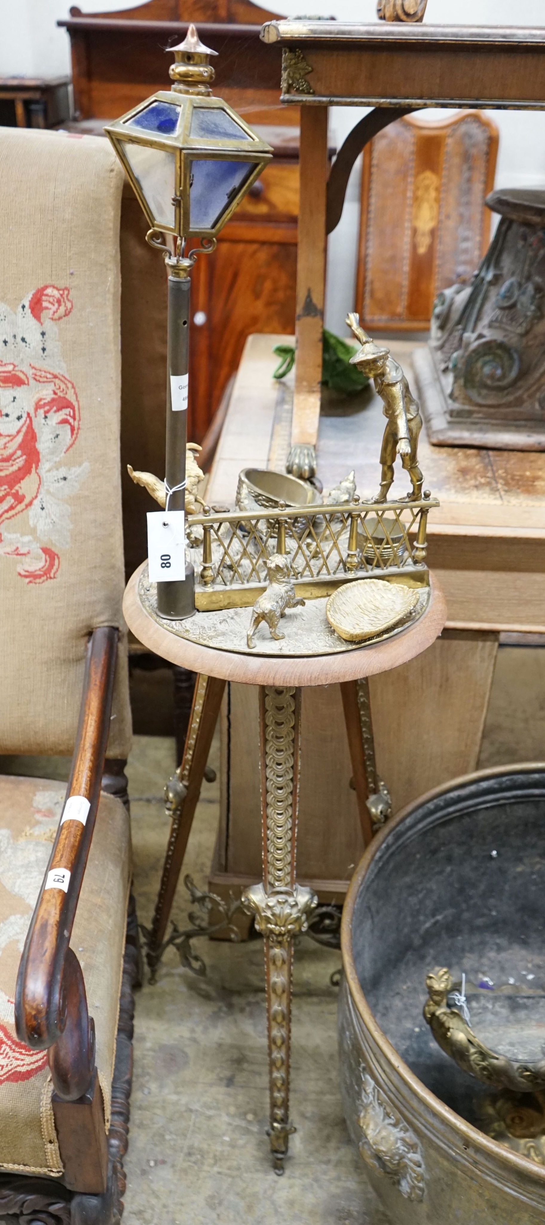 A late 19th century French gilt metal mounted standard lamp/smoker's stand, height 130cm